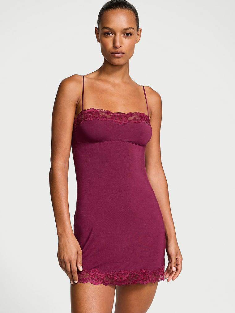 Modal Soft & Lace Trim Straight-Neck Slip Dress Product Image