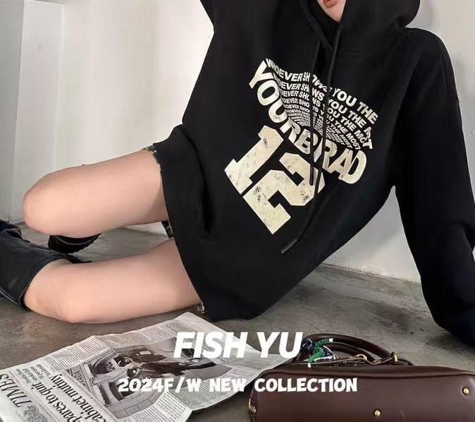 Lettering Print Drawstring Hoodie Product Image