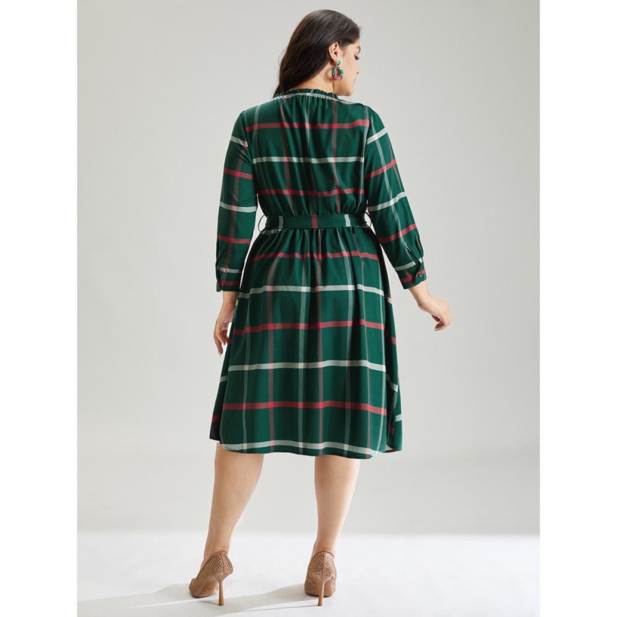 Plus Size Plaid Stand Collar Gathered Belted Dress Multicolor Women Office Printed Stand-up collar Elbow-length sleeve Curvy Midi Dress BloomChic 14-16/1X Product Image