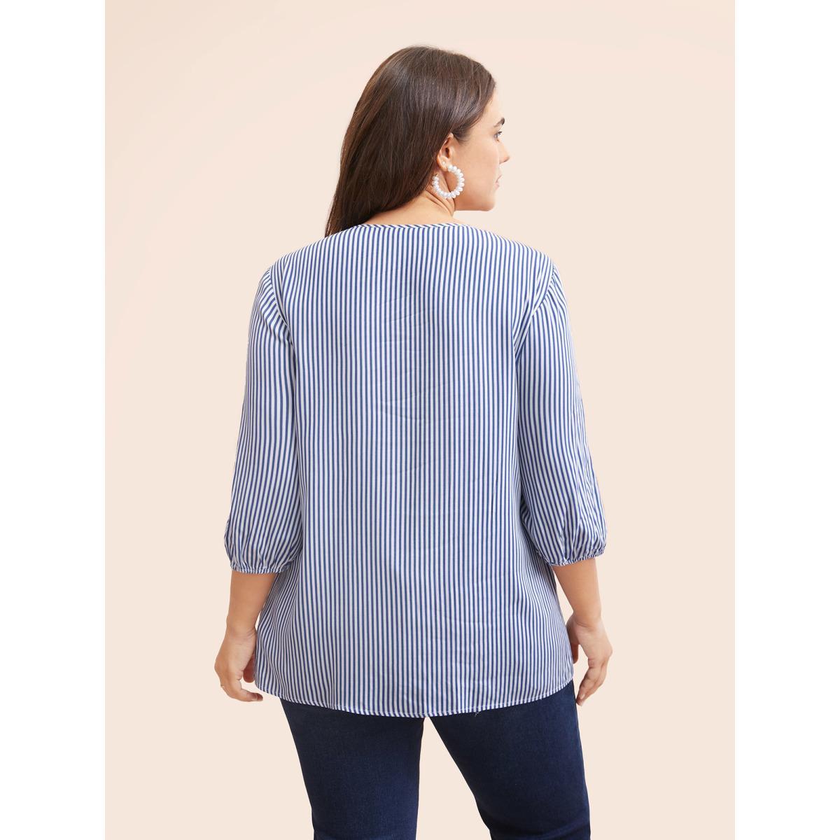 Plus Size Navy Striped Gathered Button Detail Lantern Sleeve Blouse Women Elegant Elbow-length sleeve V-neck Everyday Blouses BloomChic 18-20/2X Product Image