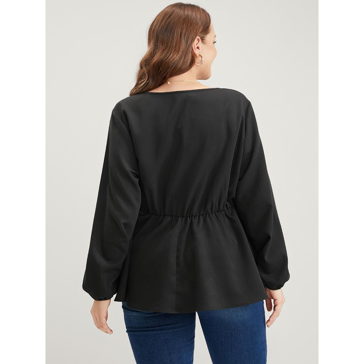 Plus Size Black Solid Lantern Sleeve Keyhole Round Neck Ruffle Blouse Women Elegant Long Sleeve Round Neck Dailywear Blouses BloomChic 22-24/3X Product Image