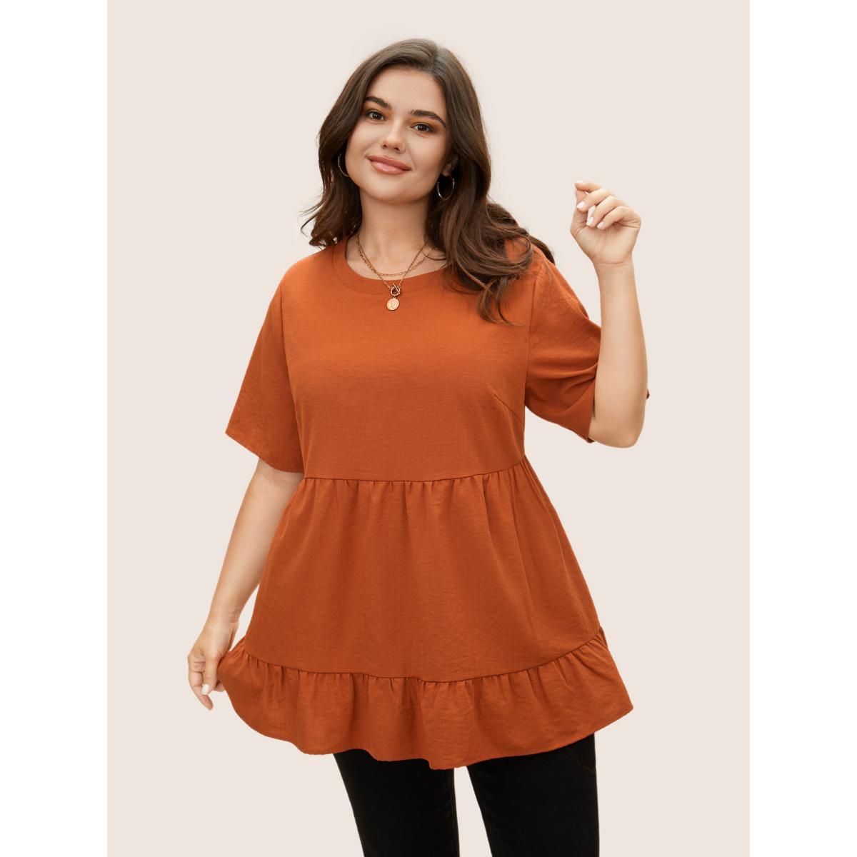 Plus Size Rust Solid Crew Neck Ruffle Hem Blouse Women Casual Short sleeve Round Neck Everyday Blouses BloomChic 14-16/1X Product Image