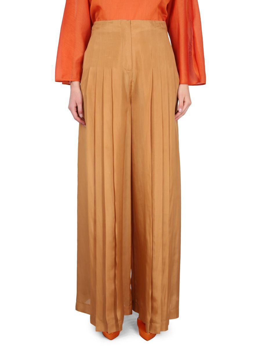 ALBERTA FERRETTI Pleated Wide-leg Silk Trousers In Brown Product Image