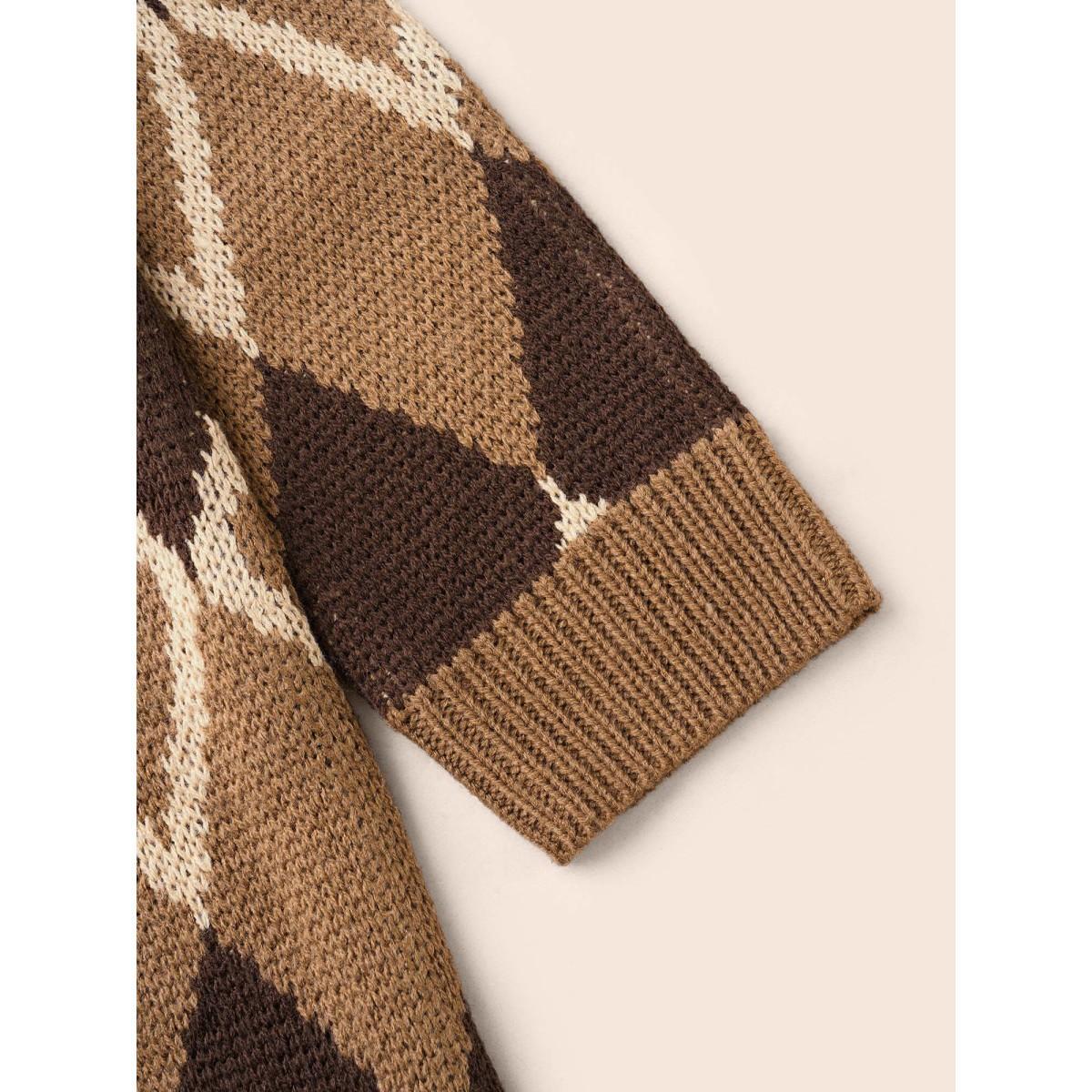 Plus Size Plaid Crew Neck Raglan Sleeve Cardigan Browncoffeecolor Women Casual Loose Long Sleeve Round Neck Everyday Pullovers BloomChic 30/6X Product Image