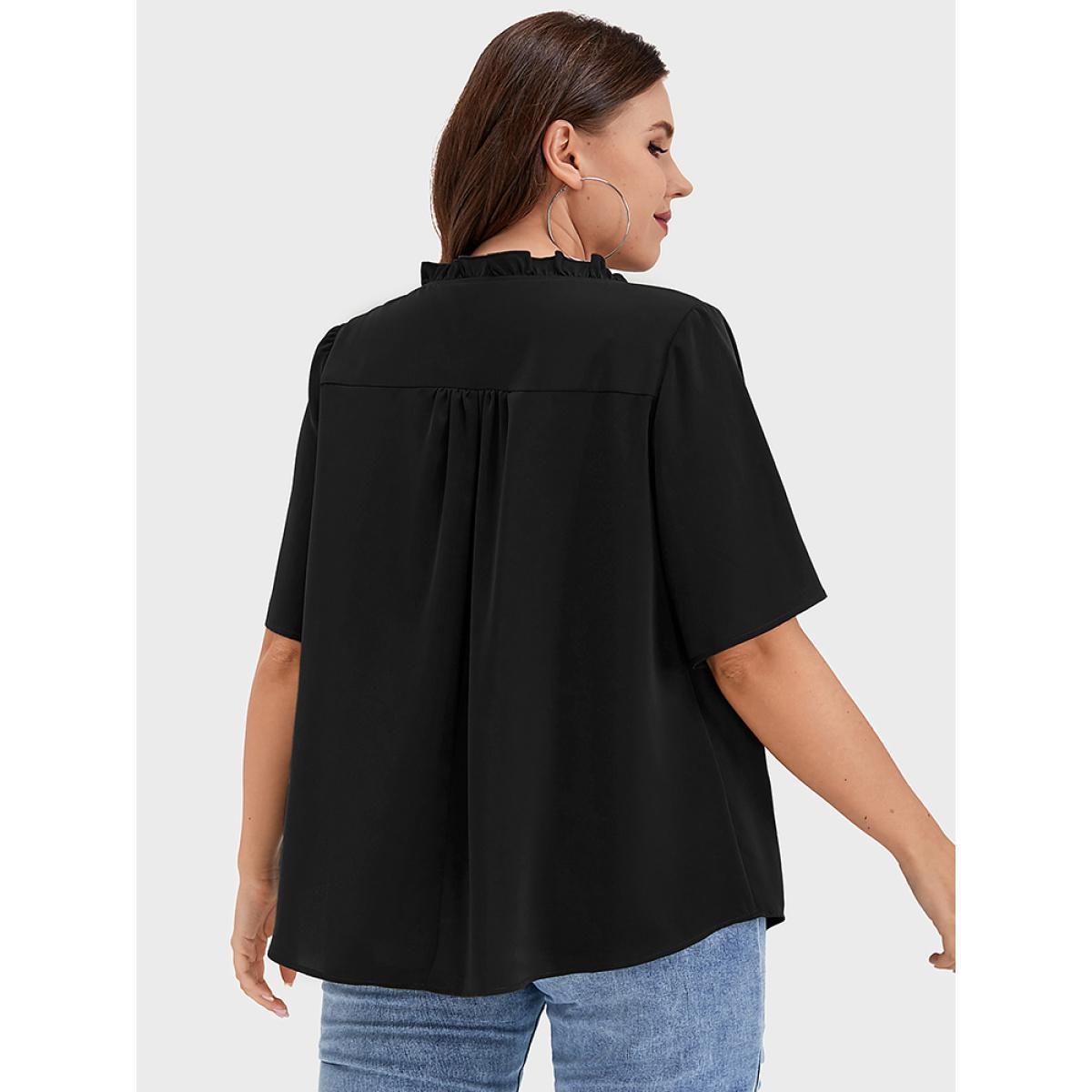 Plus Size Black Solid Shirred Frill Trim Button Notched Neck Blouse Women Elegant Short sleeve Dailywear Blouses BloomChic 12/L Product Image