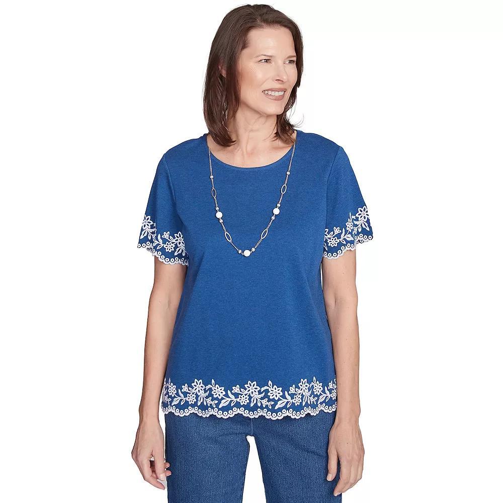 Women's Alfred Dunner Border Embroidery Tee with Necklace, Size: Large, Grey Navy Product Image