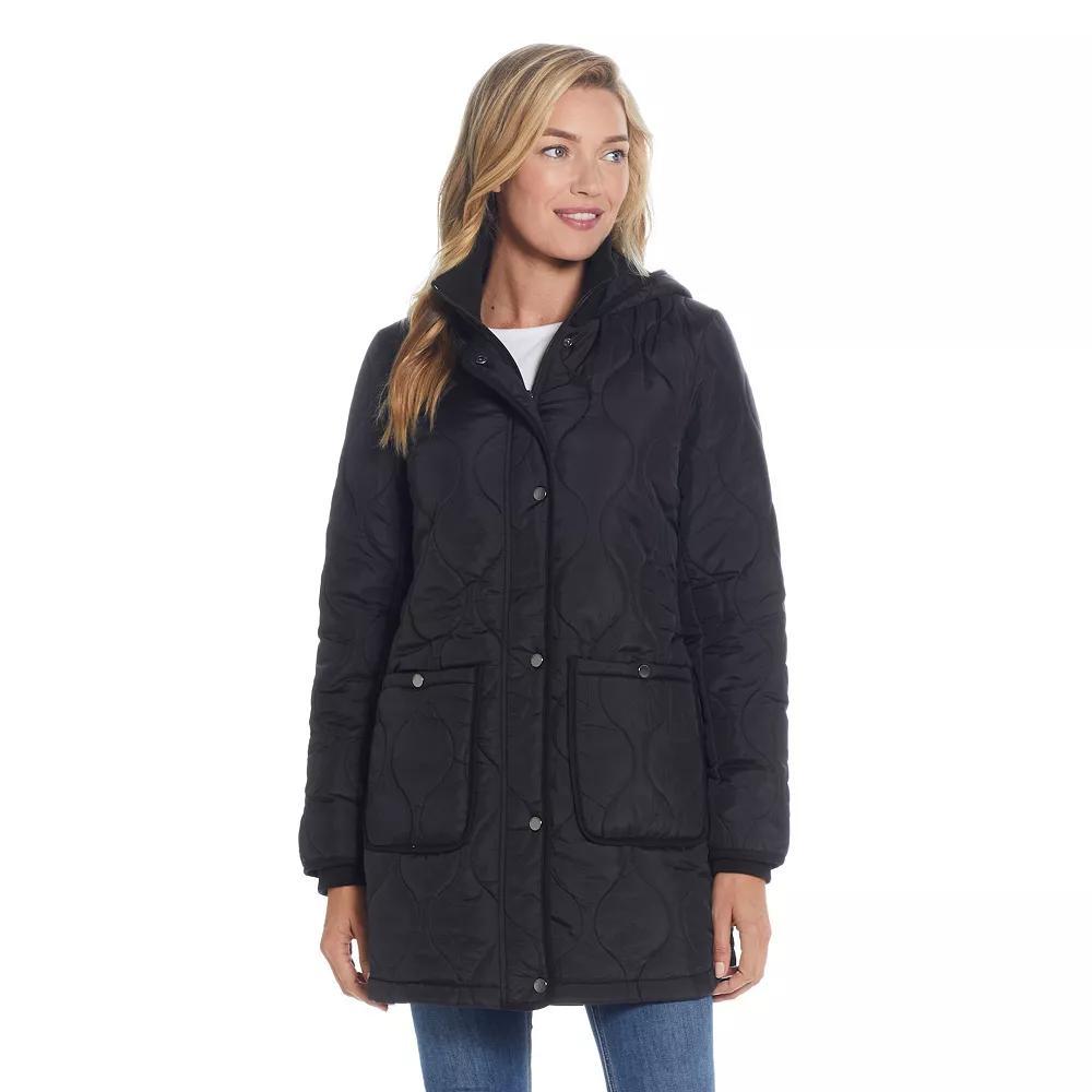 Women's Weathercast Hood Ribbed-Trim Quilted Walker Jacket, Size: XL, Black Product Image