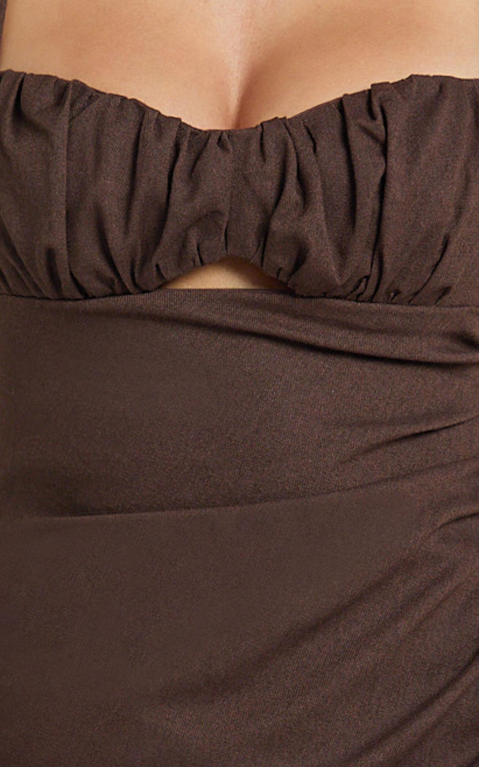 Frederica Midi Linen Blend Dress - Gathered Sweetheart Tie Back Front Split Dress in Chocolate Product Image