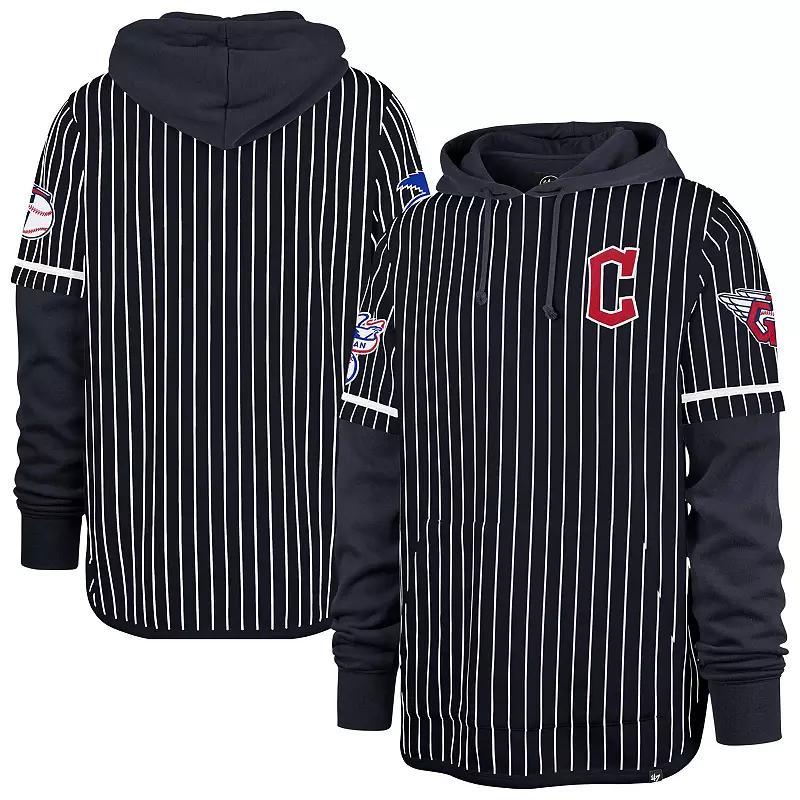 Men's '47  Navy Cleveland Guardians Pinstripe Double Header Pullover Hoodie, Size: 2XL, Grd Blue Product Image