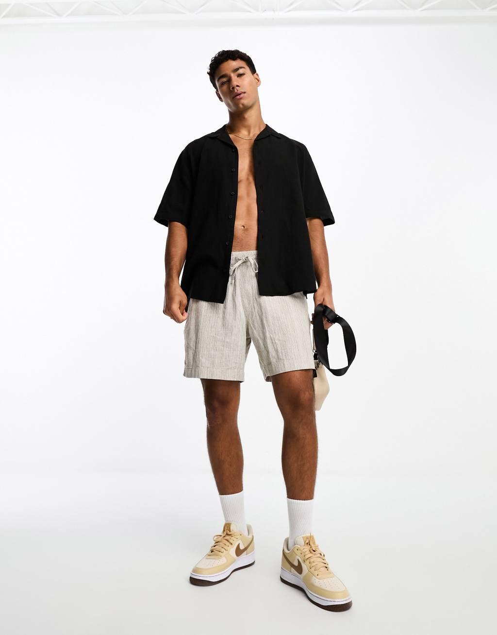 Selected Homme short sleeve camp collar linen shirt in black Product Image