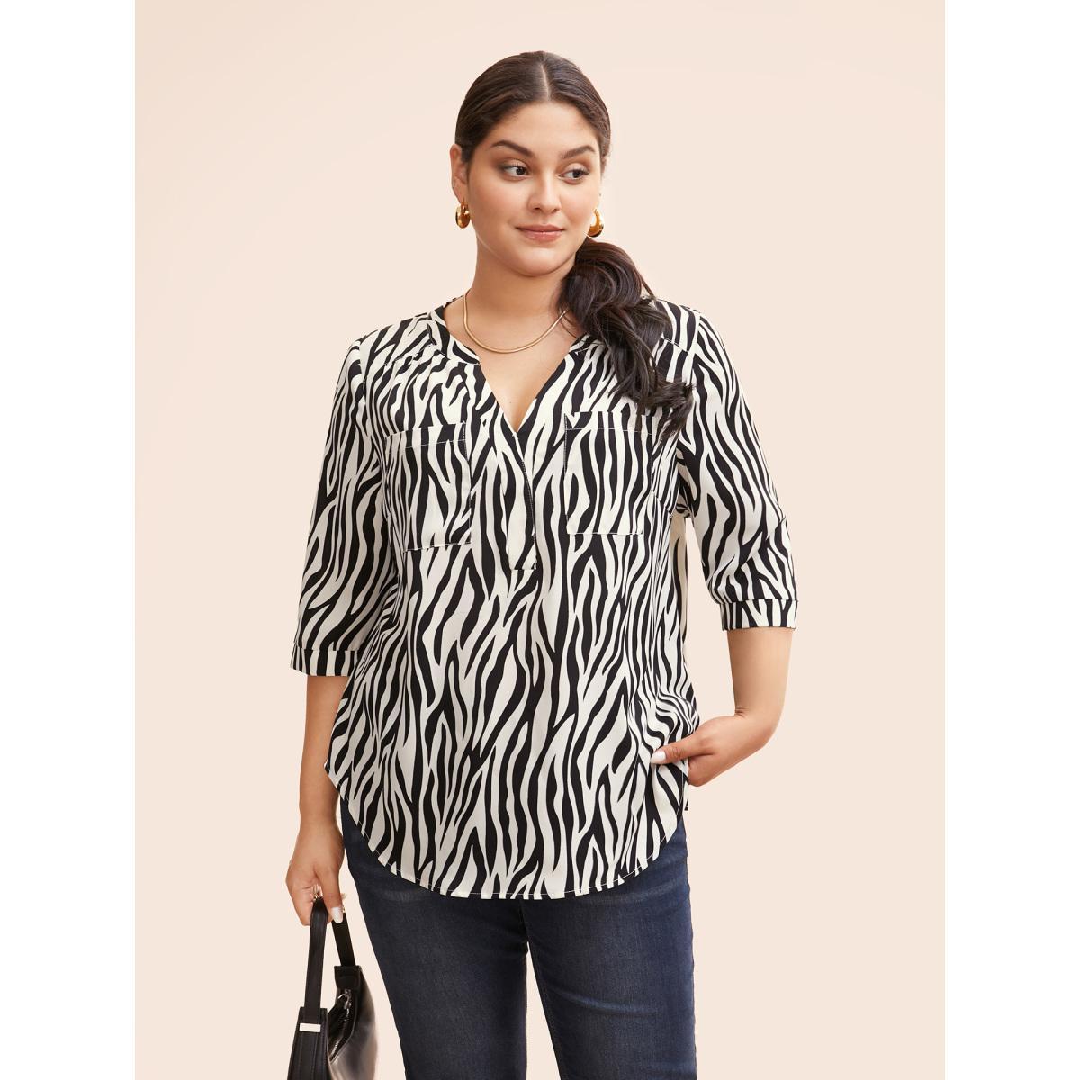 Plus Size Beige Zebra Print Notched Patched Pocket Blouse Women Workwear Essentials Elbow-length sleeve V-neck Work Blouses BloomChic 18-20/2X Product Image