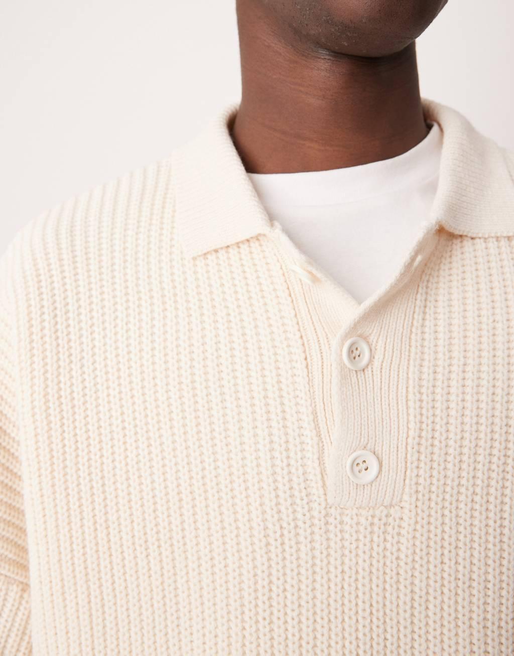ASOS DESIGN super oversized boxy fit ribbed knit polo in ecru Product Image