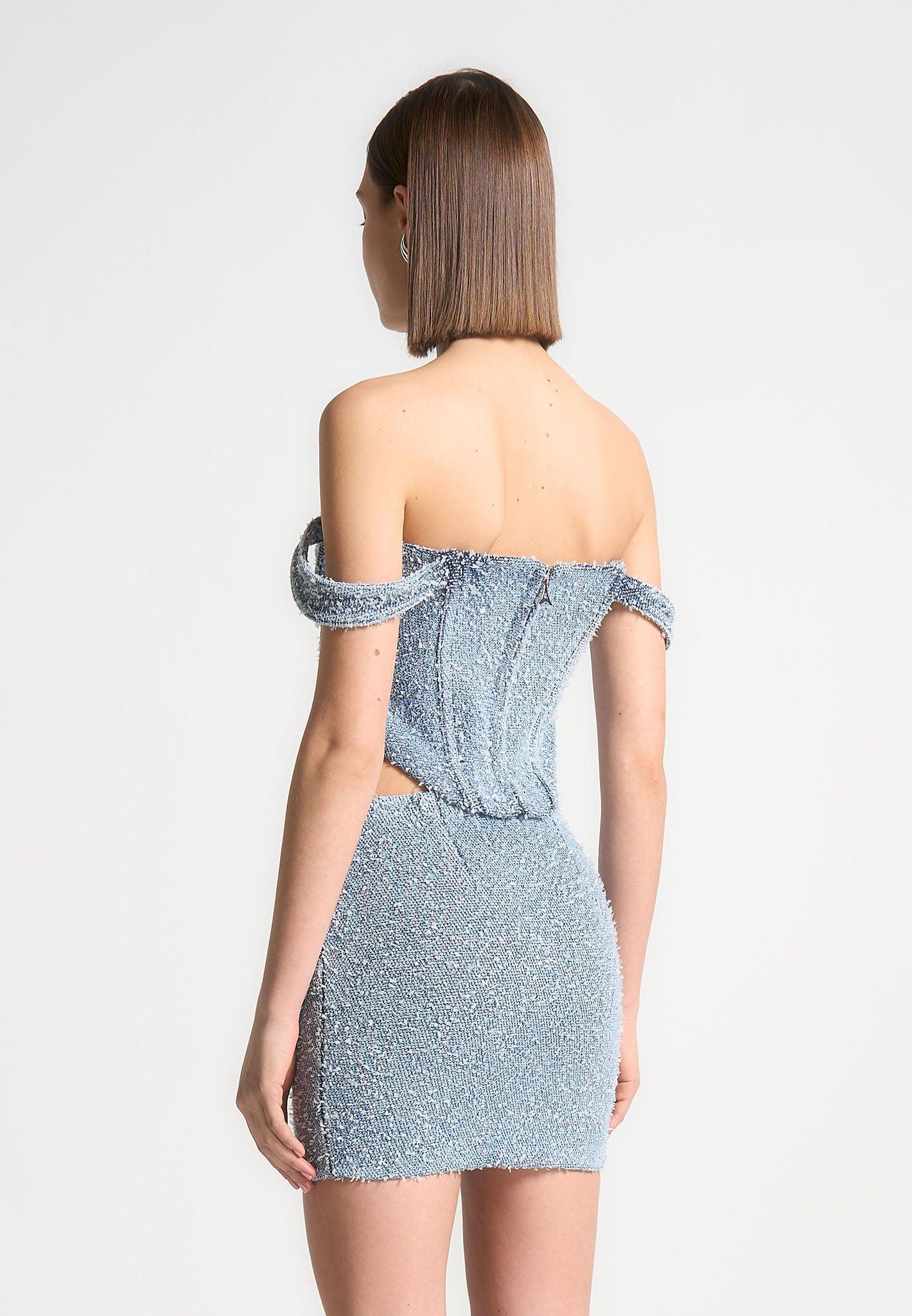 Bonnie - Boucle Denim Bardot Corset Top - Mid Blue Female Product Image