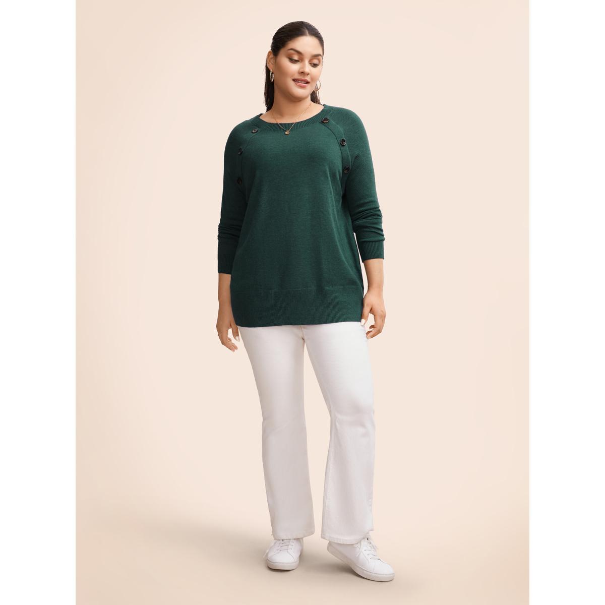 Plus Size Supersoft Essentials Button Detail Raglan Sleeve Pullover DarkGreen Women Casual Long Sleeve Round Neck Dailywear Pullovers BloomChic 12/L Product Image