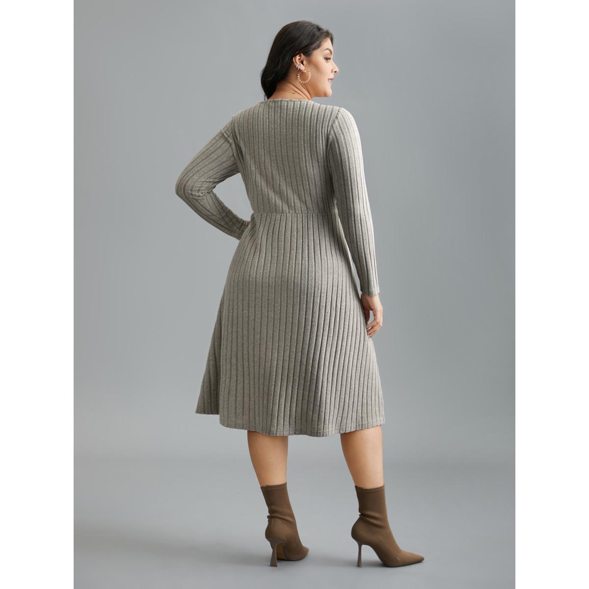Plus Size Lace Neck Patchwork Ribbed Knit Dress LightGray Women Elegant Woven ribbon&lace trim Knit Dresses Bloomchic 14-16/1X Product Image