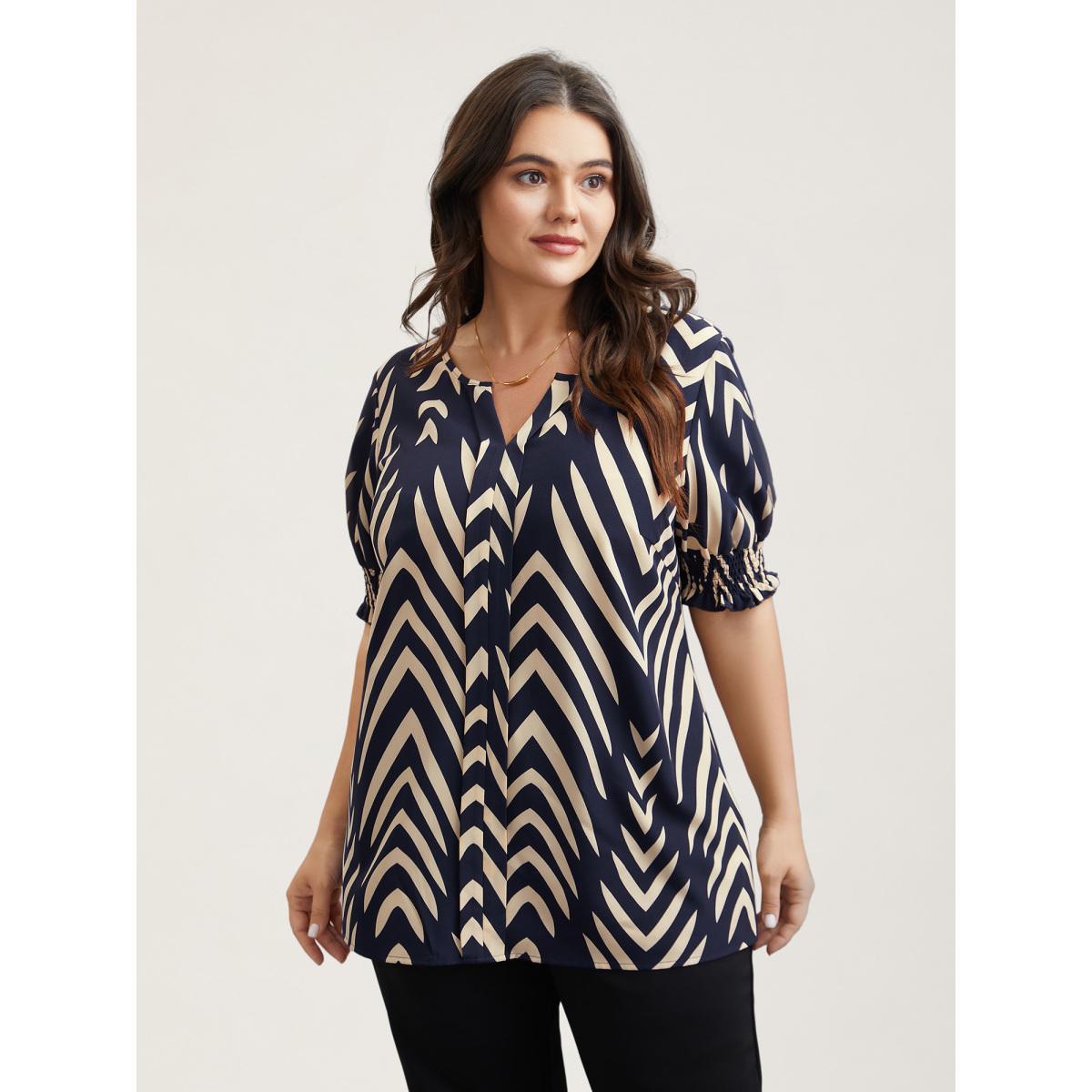 Plus Size DarkGreen Geometric Print Ruffled Shirred Shirt Women At the Office Half Sleeve Flat collar with V-notch Work Blouses BloomChic 14-16/1X Product Image