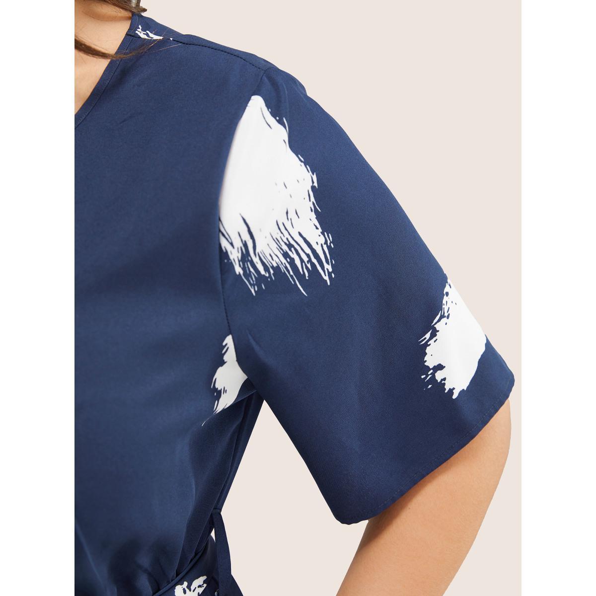 Plus Size Brush Print Keyhole Belted Pocket Flutter Dress DarkBlue Women At the Office Non Round Neck Short sleeve Curvy Midi Dress BloomChic 18-20/2X Product Image