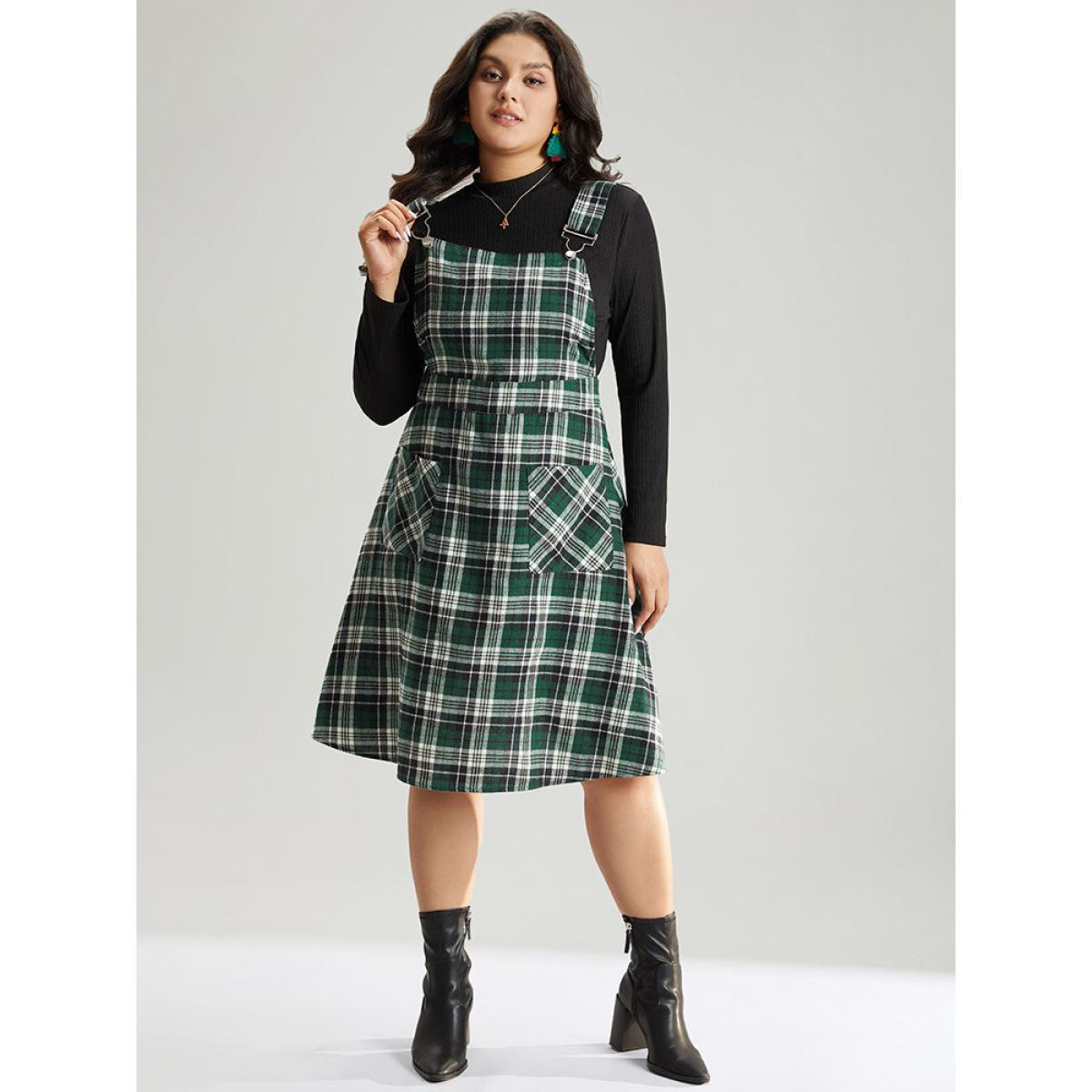 Plus Size Christmas Plaid Patched Pocket Overall Cami Dress DarkGreen Women Elegant Adjustable Straps Spaghetti Strap Sleeveless Curvy Midi Dress BloomChic 10/M Product Image