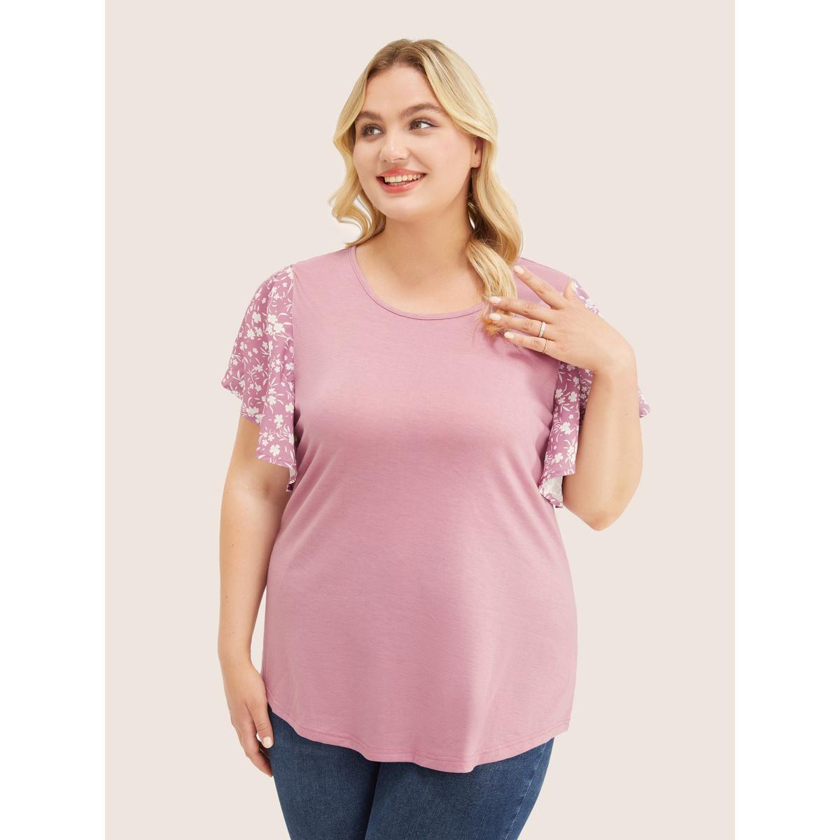 Plus Size Ditsy Floral Ruffle Sleeve Round Neck T-shirt DustyPink Women Elegant Ditsy Floral Everyday T-shirts BloomChic 18-20/2X Product Image