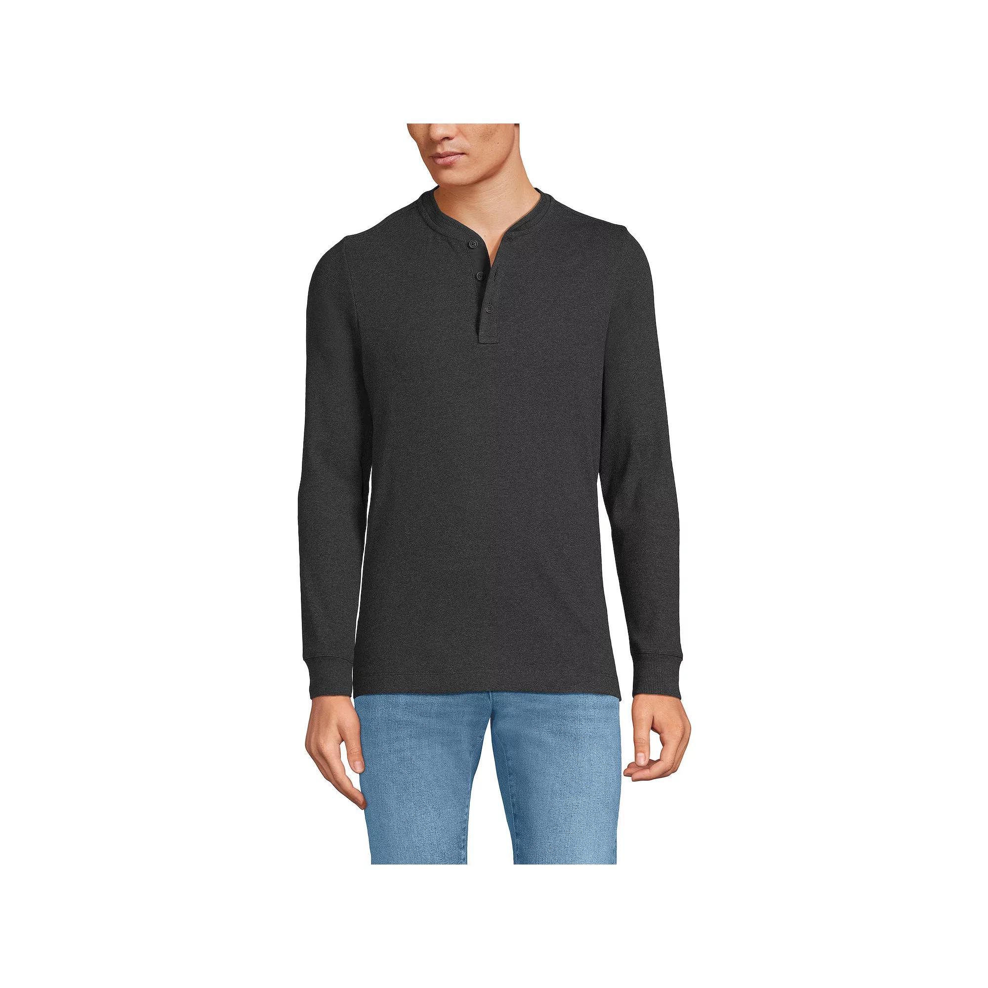 Men's Lands' End Long Sleeve Rib Henley, Size: Medium, Dark Grey Heather Product Image