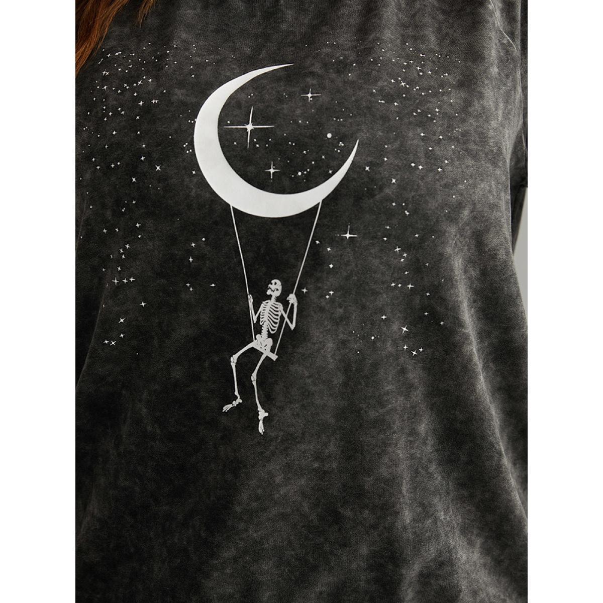 Plus Size Halloween Moon & Star Print Raglan Sleeve Sweatshirt Women Black Casual Printed Festival-Halloween Sweatshirts BloomChic 28/5X Product Image
