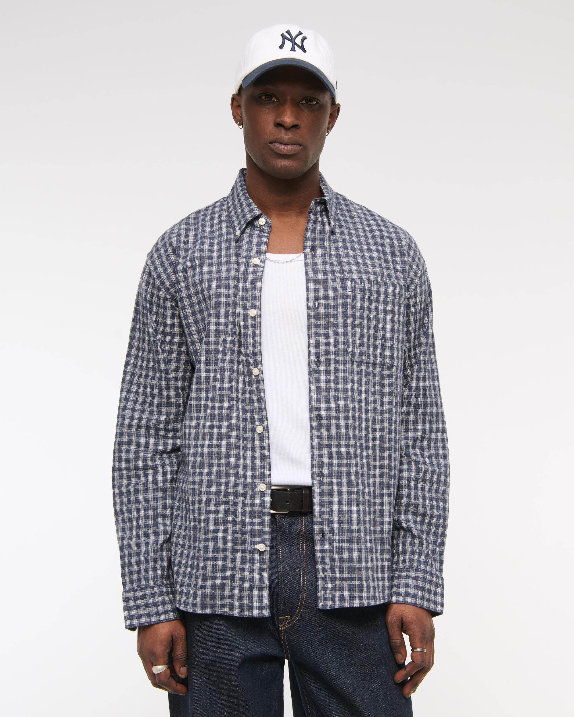 Long-Sleeve Textural Plaid Button-Up Shirt Product Image