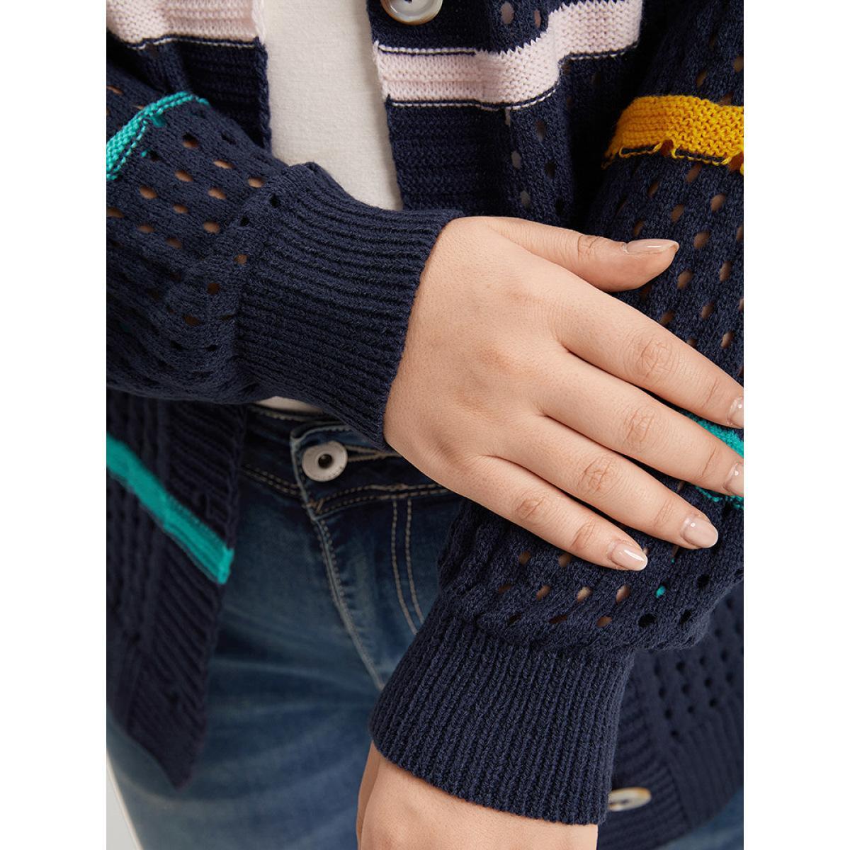 Plus Size Contrast Striped Button Through Hollow Out Cardigan Indigo Women Casual Loose Long Sleeve Everyday Cardigans BloomChic 22-24/3X Product Image