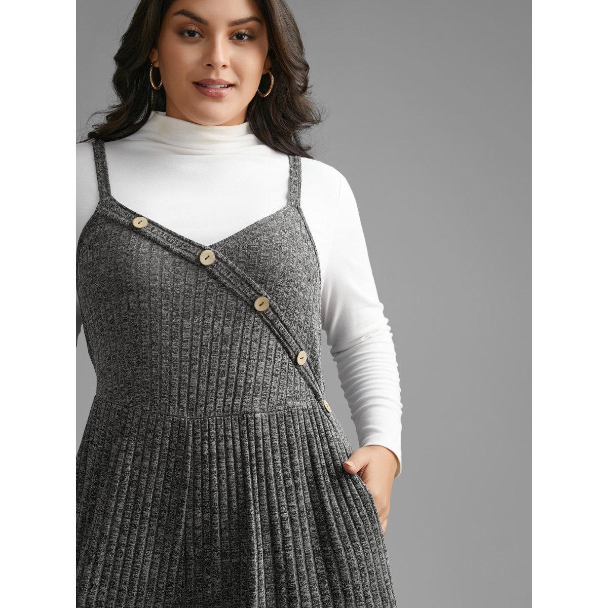 Plus Size DimGray Plain Rib Knit Button Detail Jumpsuit Women Casual Sleeveless Heart neckline Everyday Loose Jumpsuits BloomChic 14-16/1X Product Image