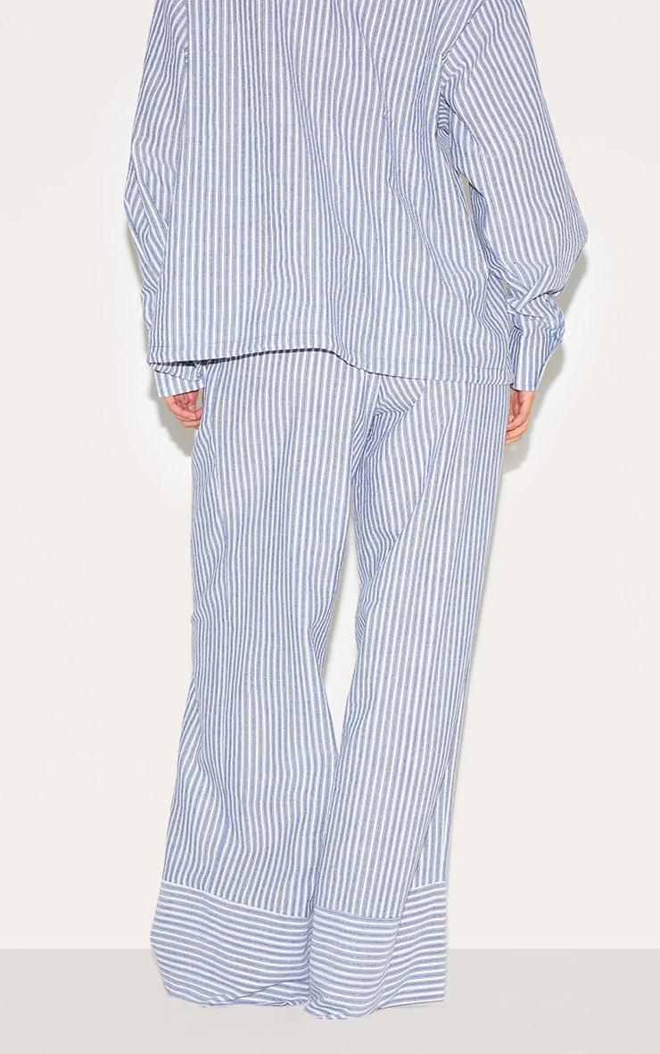 Blue Striped Linen Drawstring Wide Leg Pants Product Image