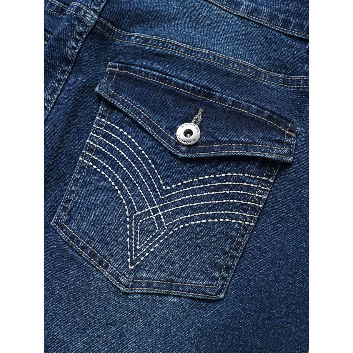 Plus Size Plain Pocket Embroidered Skinny Jeans Women Indigo Casual Plain Non High stretch Slanted pocket Jeans BloomChic 10/M Product Image