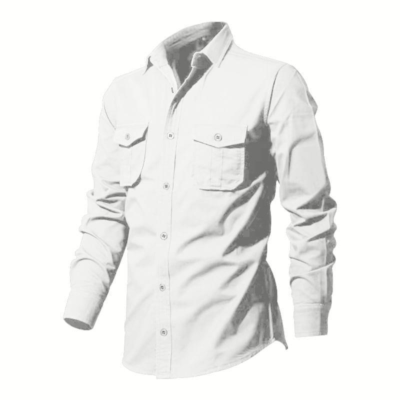 Long-Sleeve Plain Button-Up Cargo Shirt Product Image