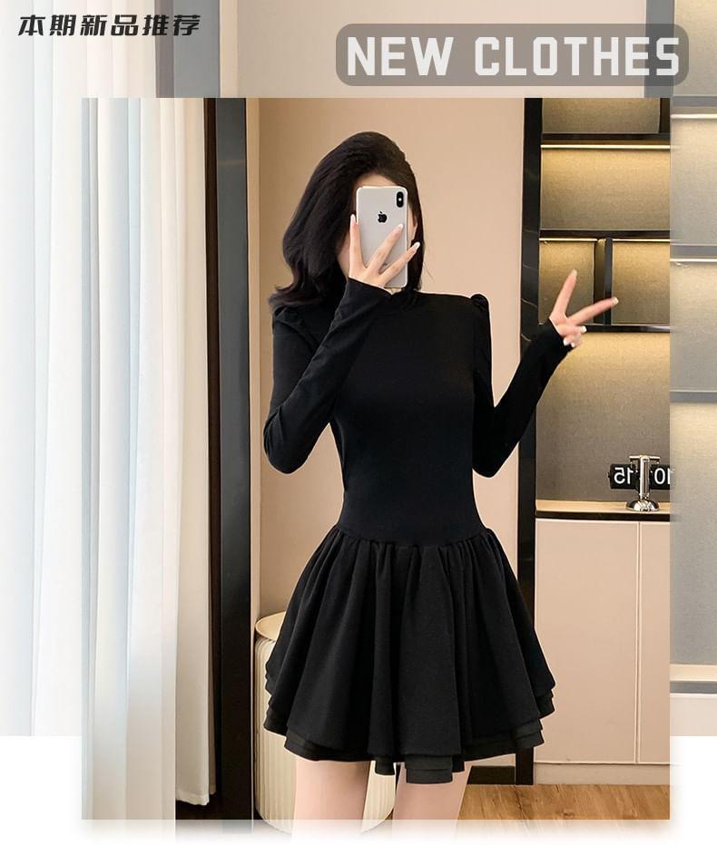 Long-Sleeve Plain Mini A-Line Dress Product Image