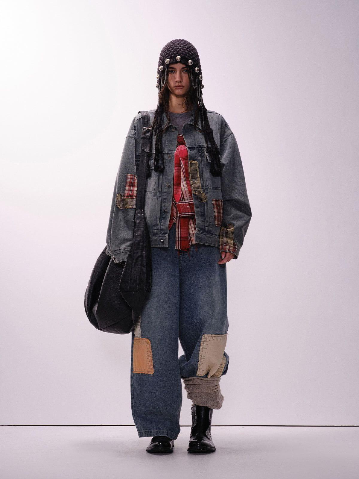 Aelfric Eden Plaid Patchwork Washed Denim Jacket Product Image