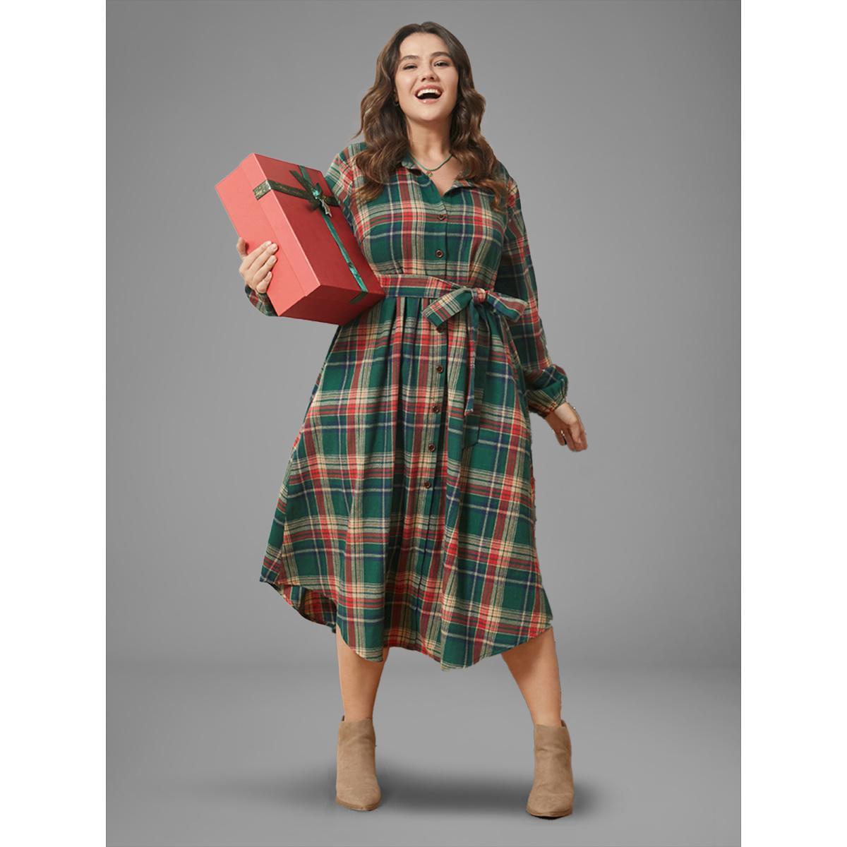 Plaid Plus Size Women Dailywear Midi Dress Pocket Slightly Stretchy Lantern Sleeve Long Sleeve Shirt Collar Pocket Belt Elegance Dresses BloomChic Product Image