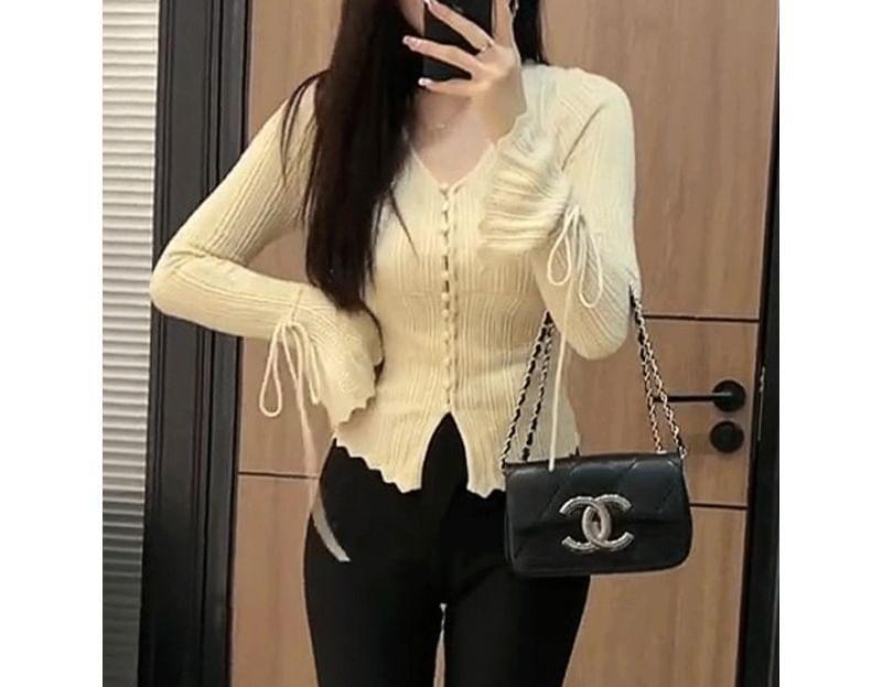 Long Sleeve V-Neck Plain Button Tie-Up Knit Top Product Image
