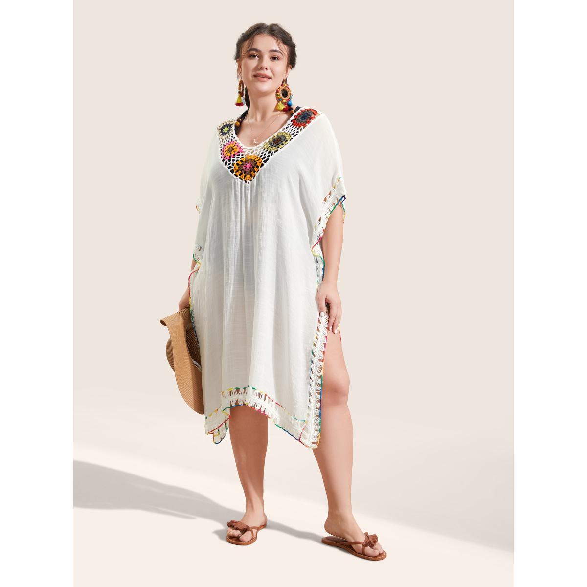 Plus Size Colored Crochet Slit Hem Swim Cover Up Women's Swimwear Originalwhite Beach Loose Crochet Curve Swim Cover Ups BloomChic 12/L Product Image
