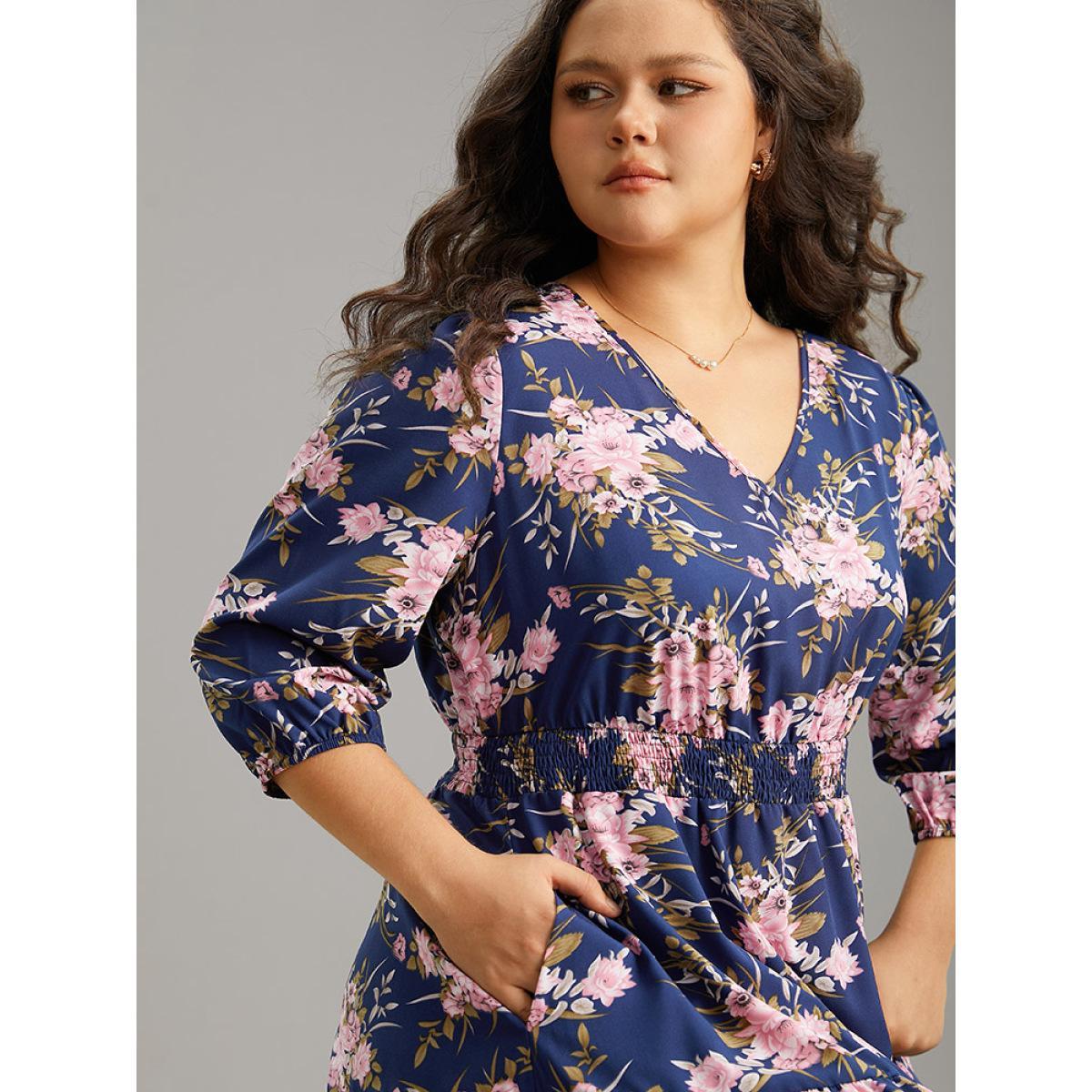 Plus Size Floral Print Shirred Elastic Cuffs Dress DarkBlue Women Elegant Pocket V-neck Elbow-length sleeve Curvy Midi Dress BloomChic 26/4X Product Image