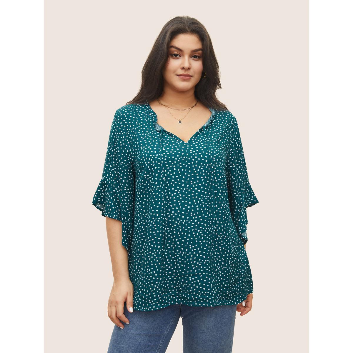 Plus Size Emerald Tie Neck Polka Dot Patchwork Ruffle Sleeve Blouse Women Elegant Half Sleeve V-neck Everyday Blouses BloomChic 18-20/2X Product Image