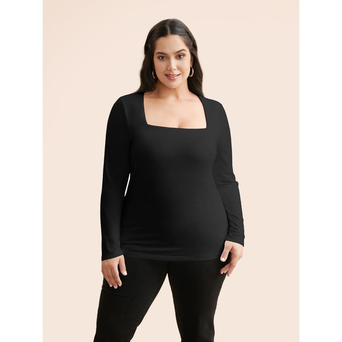 Plus Size Supersoft Essentials Solid Square Neck T-shirt Black Women Casual Non Square Neck Skinny Everyday T-shirts BloomChic 26/4X Product Image
