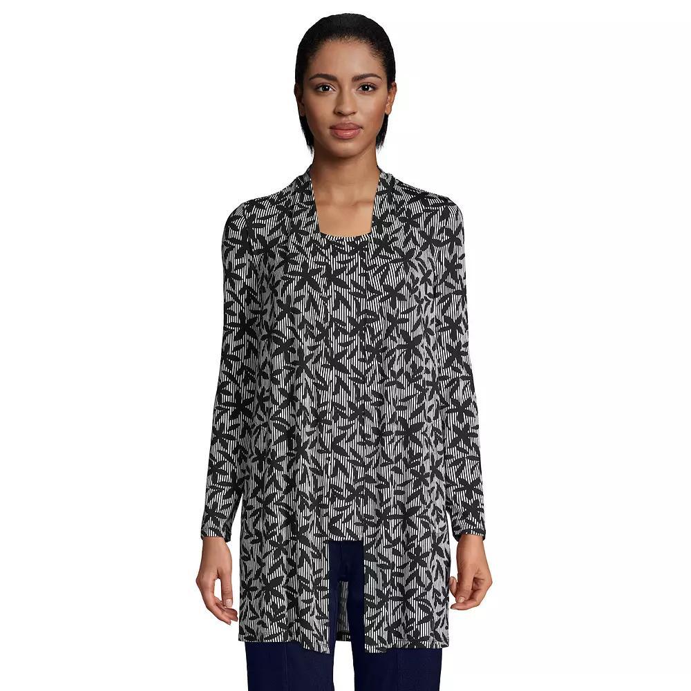 Women's Lands' End Draped Long Open-Front Cardigan, Size: Medium, White Stripe Floral Product Image