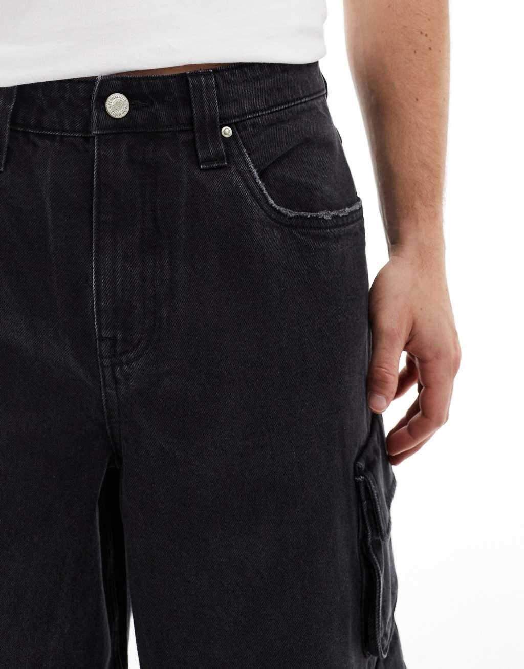 ASOS DESIGN super baggy jean in washed black with cargo pockets Product Image