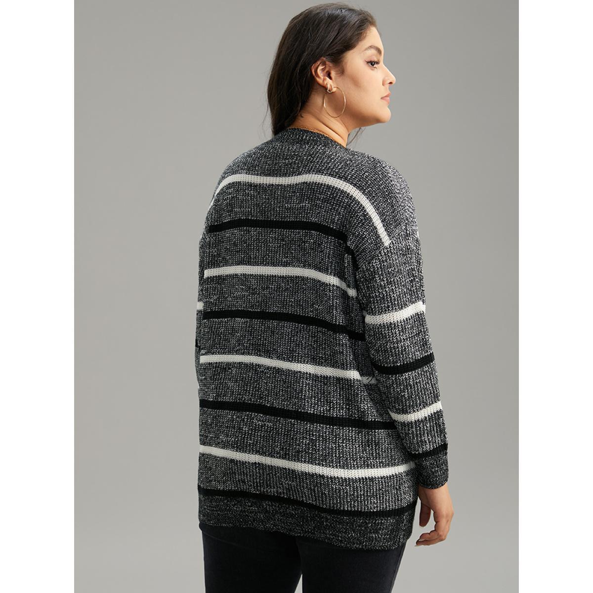 Plus Size V Neck Striped Contrast Heather Pullover Black Women Casual Loose Long Sleeve V-neck Dailywear Pullovers BloomChic 22-24/3X Product Image