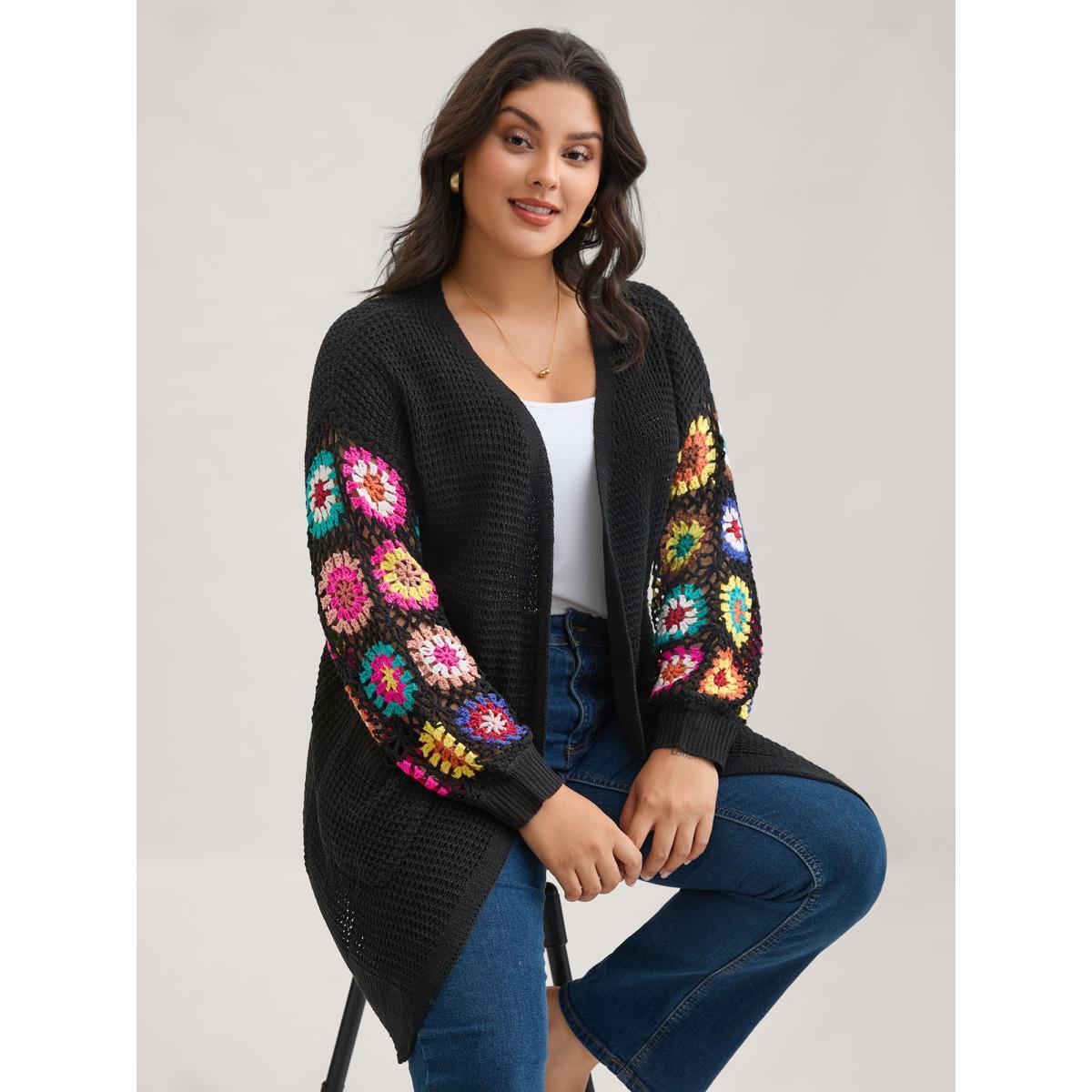 Plus Size Crochet Floral Drop Shoulder Cut Out Cardigan Black Women Resort Loose Long Sleeve Vacation Cardigans BloomChic 12/L Product Image