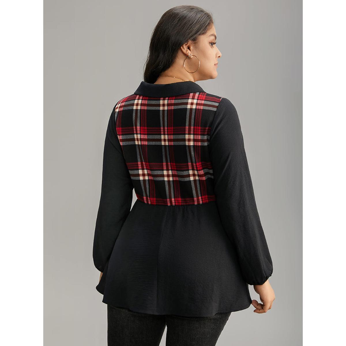 Plus Size Black Plaid Patchwork Lapel Collar Lantern Sleeve Blouse Women Office Long Sleeve Lapel Collar Work Blouses BloomChic 12/L Product Image