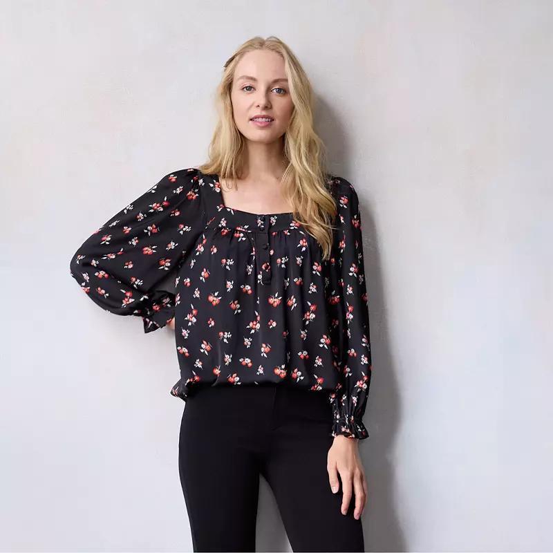 Women's LC Lauren Conrad Henley Puff Sleeve Peasant Top, Size: XS, Black Whispy Ditzy Product Image