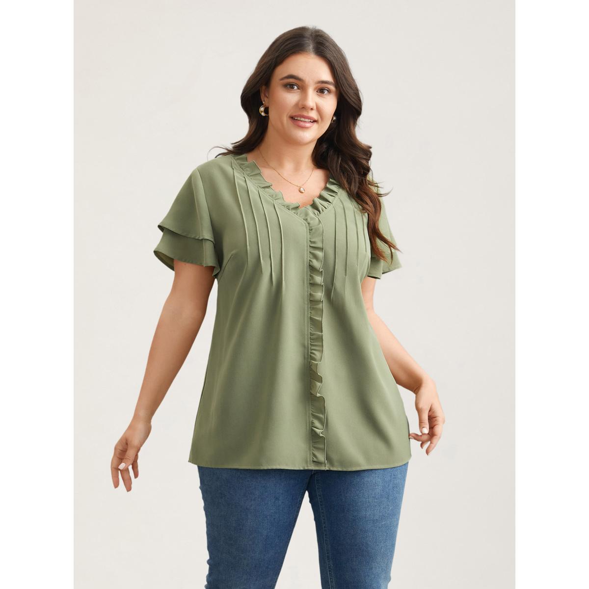 Plus Size Sage Ruffled Neck Toothpick Pleats Lotus Leaf Sleeve Shirt Women Elegant Short sleeve V-neck Everyday Blouses BloomChic 22-24/3X Product Image