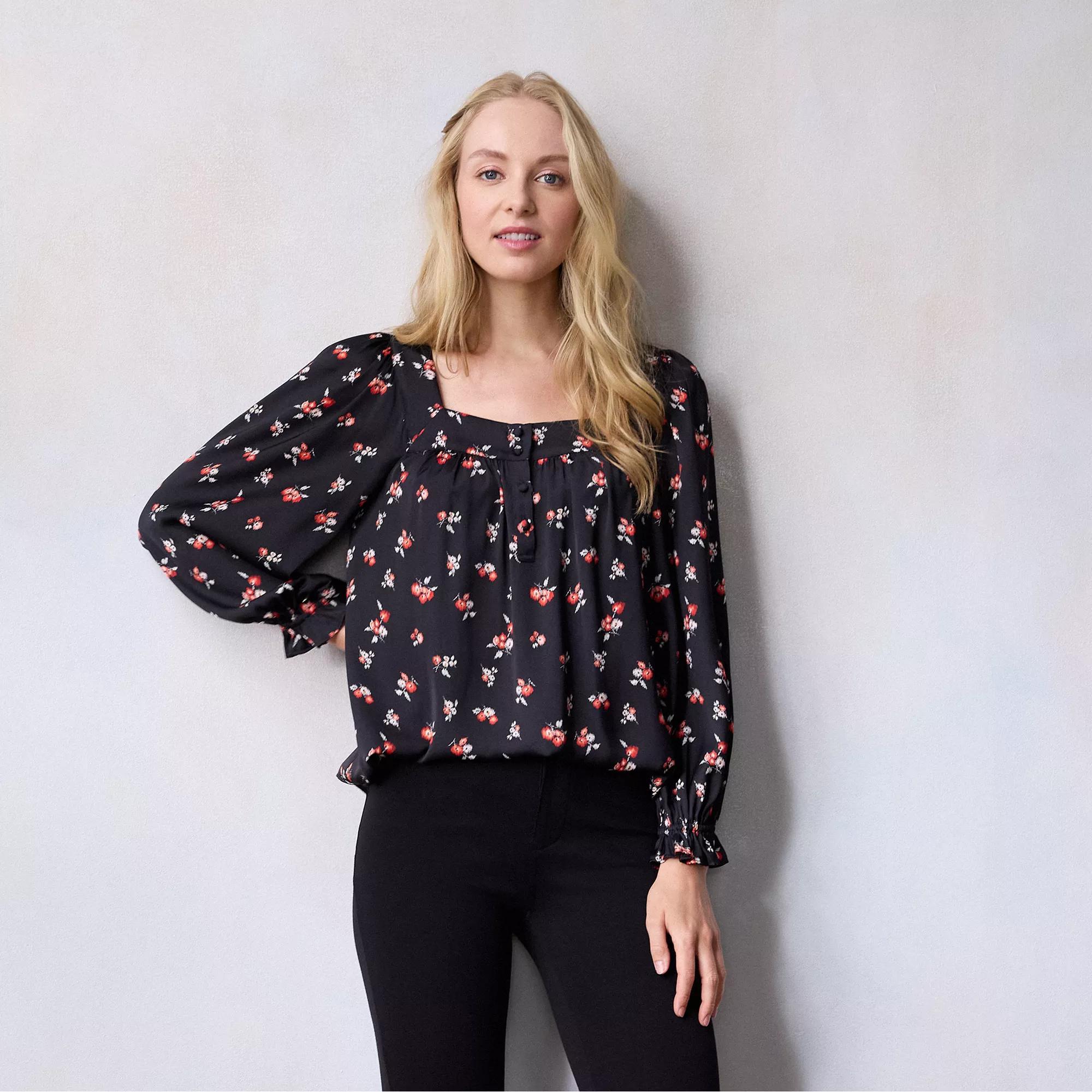 Women's LC Lauren Conrad Henley Puff Sleeve Peasant Top, Size: XS, Black Whispy Ditzy Product Image