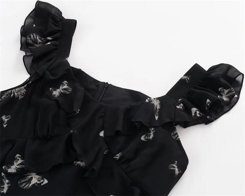 Cap-Sleeve Square Neck Floral Print Maxi A-Line Dress Product Image