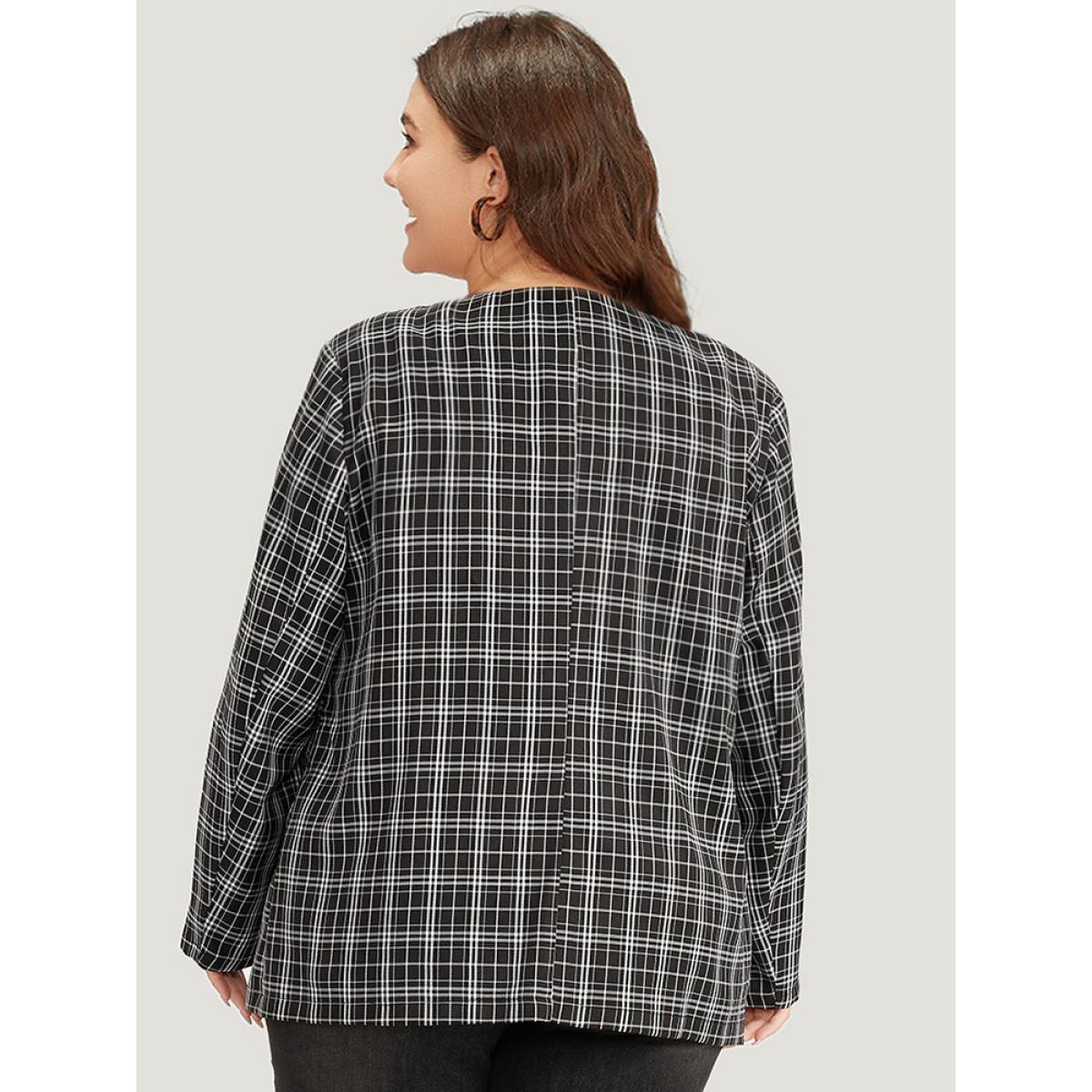 Plus Size Plaid Pocket Open Front Blazer Black Women Dailywear Plaid Pocket Sleeve Long Sleeve Open Front 22-24/3X Pocket Casual Blazers BloomChic Product Image