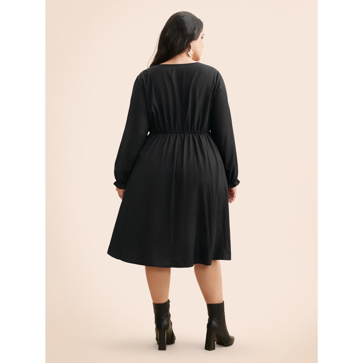 Plus Size V Neck Floral Button Detail Dress Black Women Elegant Button V-neck Long Sleeve Curvy BloomChic 22-24/3X Product Image